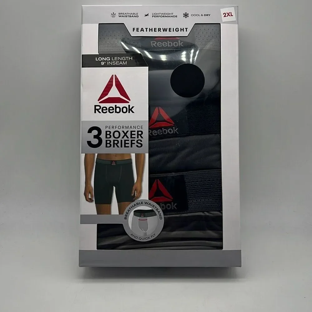 Reebok Men's Performance‎ 9” inseam Boxer Brief 3 Pack Featherweight 2XL 44-46
